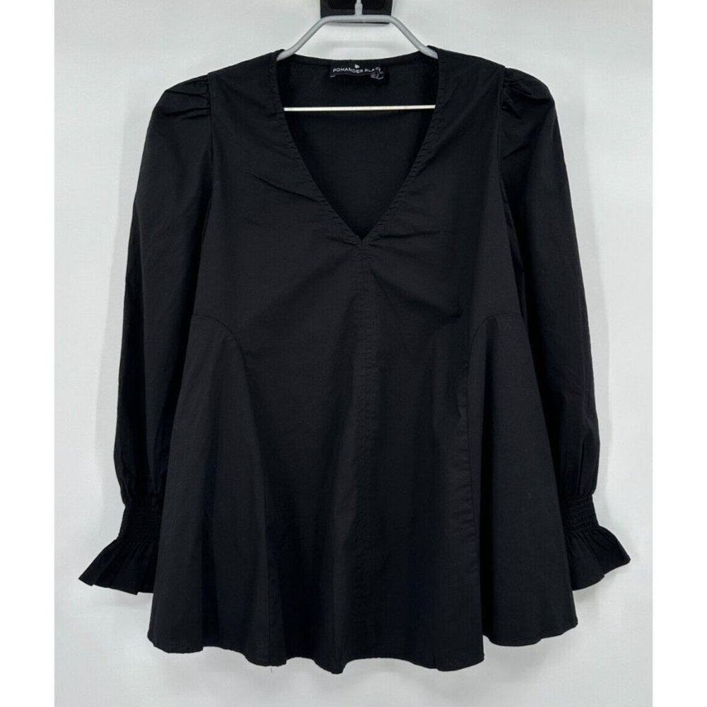 Pomander Place Tuckernuck Black Poplin Easton Blouse Ruffle Sleeve Swing Top XS